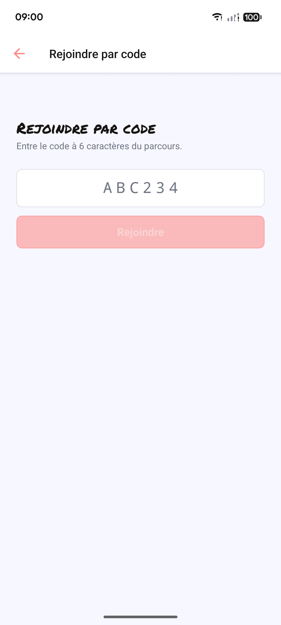 Écran pour rejoindre un parcours en entrant un code à 6 caractères.