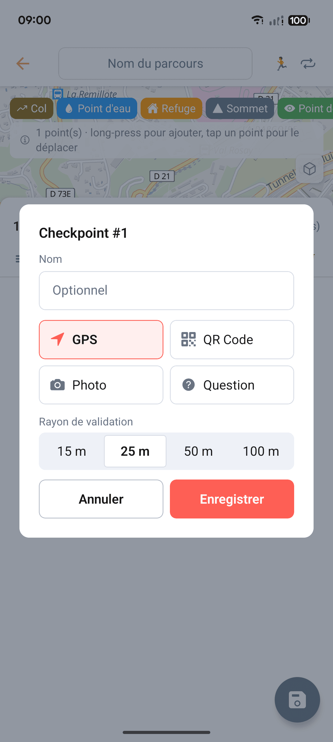 Écran de configuration d'un checkpoint : choix du mode de validation (GPS, QR code, photo ou énigme).