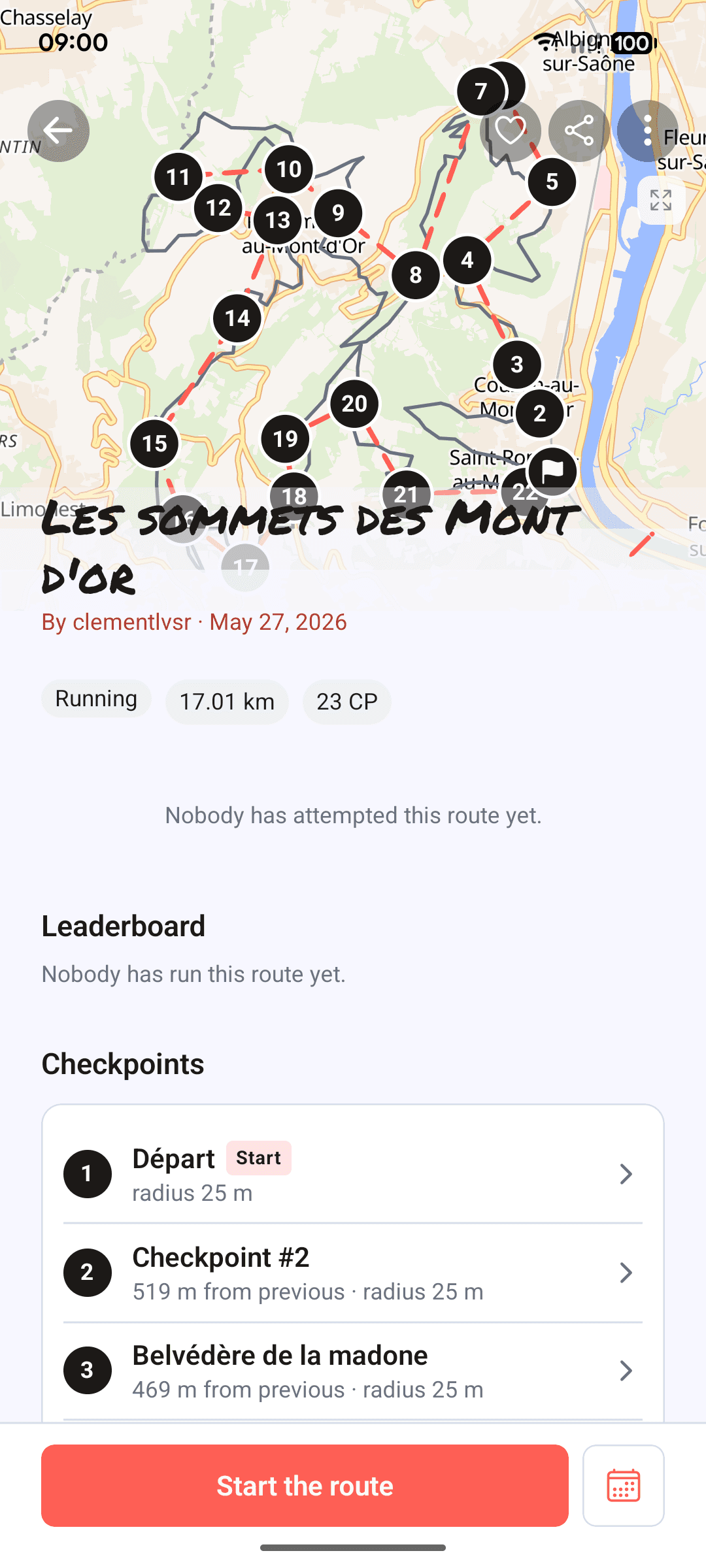 Rootka course detail screen: map with checkpoints, distance, leaderboard and a button to start the course.