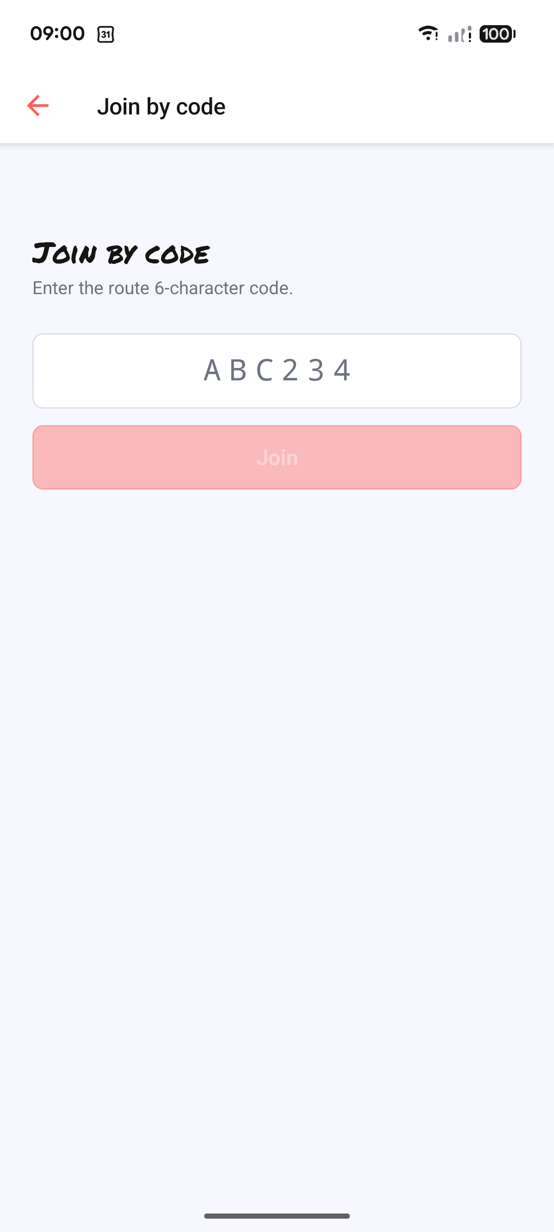 Screen to join a course by entering a 6-character code.
